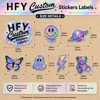 Autocollants holographiques personnalisés à motifs de dessins animés, résistants aux UV, imperméables, découpés au laser, avec logo brillant imprimé, autocollants adhésifs