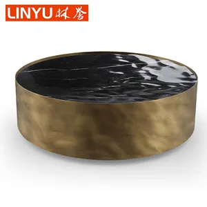 LC-039 Entry lux 3D ripple black natural marble bronze copper brass large 90cm round center tea coffee table