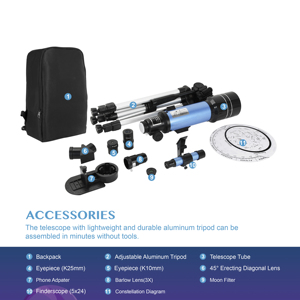 40070 thiên văn khúc xạ Kính thiên văn với có thể điều chỉnh Tripod Ba lô 3x Barlow giữ điện thoại di động <span class=keywords><strong>120x</strong></span> cho mặt trăng sao xem trẻ em - Product Image 4