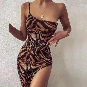 2023 summer fashion women's club wear dress with one-word neck strap sexy plus size tiger pattern midi dress women