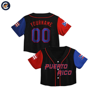 Maillot de baseball personnalisé Porto Rico noir à manches raglan, patch drapeau, coupe courte, col en V, sublimation, maillot d'équipe OEM ODM