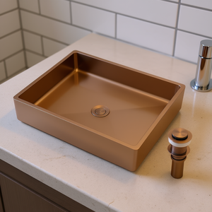 Lavabo de Baño Rectangular de Acero Inoxidable Color Oro Rosa, 19x15, con Desagüe Automático, Montaje Sobre Encimera, Diseño Contemporáneo - Product Image 2