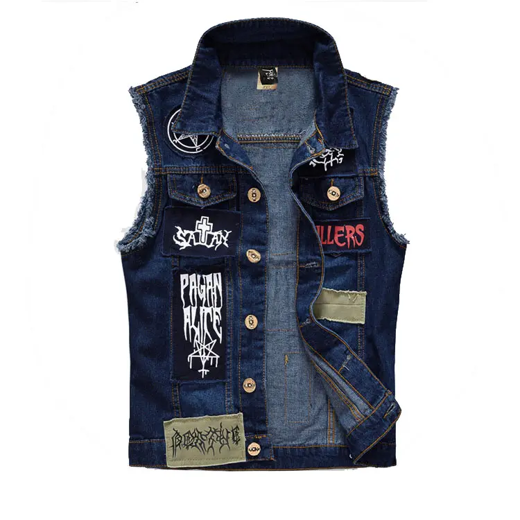 Jean Vest Voor Mannen Motorfiets Borduurwerk Patch Print Vintage Zwart Blauw Mouwloze Hiphop Demin Jas Vesten Vest