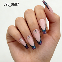 Lot de 24 faux ongles longs en forme de cercueil, style français, rose nude, avec paillettes et cristaux, pré-conçus, option personnalisée, vente en gros