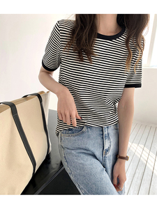 Maglietta donna coreana estate Vintage Patchwork a righe semplice Top sottile sottile Casual manica corta O collo Tee Shirt femminile - Product Image 6