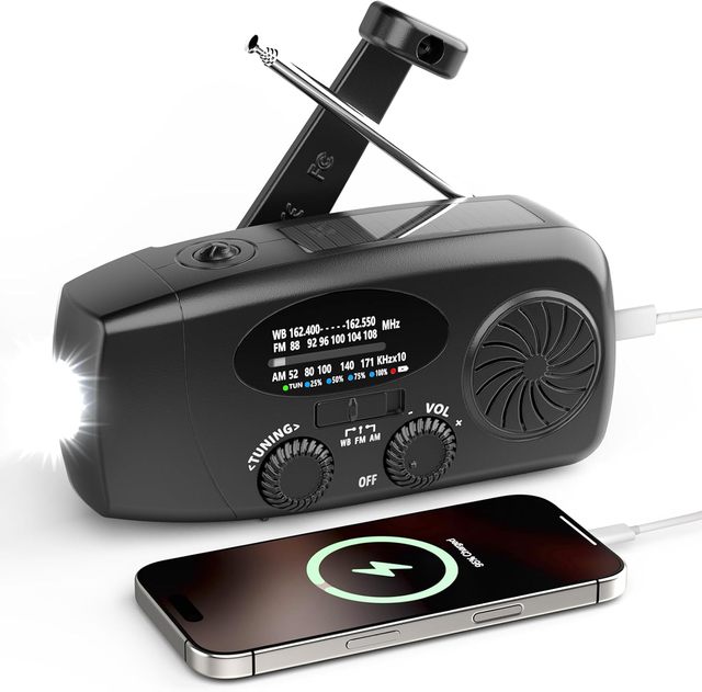 Solar Hand Crank Emergency Radio 6000mAh, NOAA AM FM Radio with SOS Alarm LED Flashlight USB Charger for Camping