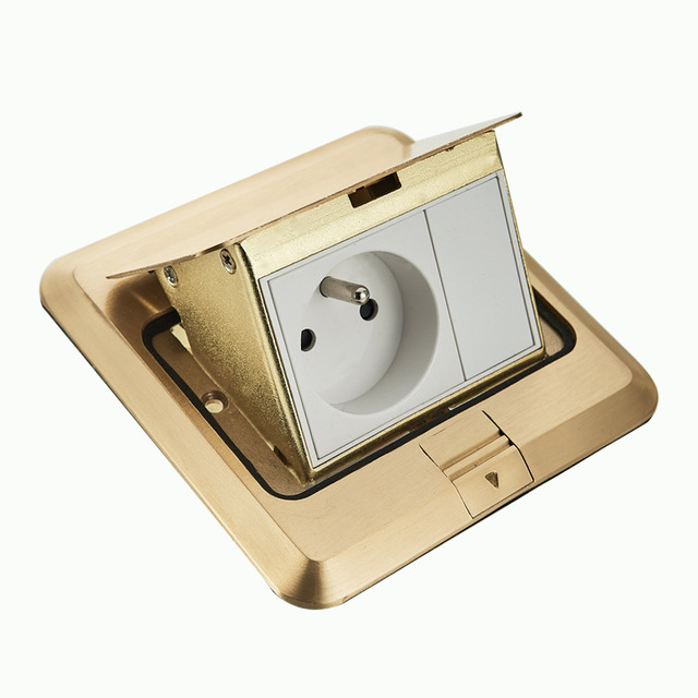 Golden Brass Pop up Floor Socket 16A 4000W French Standard Ground Outlet Dual Power Waterproof Electrical Floor Socket Box