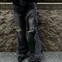 Fabricant OEM ODM sur mesure, Jean en denim pour homme, taille haute, coupe droite, déchiré et vieilli, imprimé motifs diamants et strass, éco-responsable