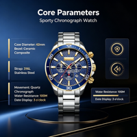 Montre à quartz pour homme personnalisée OEM, boîtier en alliage, bracelet en acier inoxydable, 48 mm, luxe, sport, étanche 3ATM, mouvement japonais, business