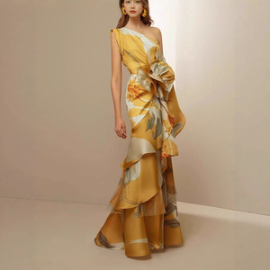 Vestido de Noche Largo, Asimétrico, de Satén Azul con Estampado Floral, de un Solo Hombro, Estilo Sirena, para Eventos Formales - Product Image 4