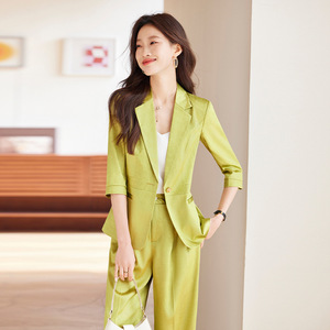 Women's Burgundy Suit <b>Set</b> Three Quarter Sleeve Satin Summer Office Lady Formal Wear Breathable Polyester Fabric - Product Image 2