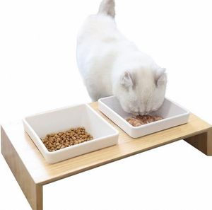 Bol surélevé en bois massif pour chat bols de nourriture pour animaux de compagnie avec support en céramique surélevée ensemble de support de vaisselle pour chat Double bol <span class=keywords><strong>station</strong></span> d'alimentation pour chat - Product Image 1