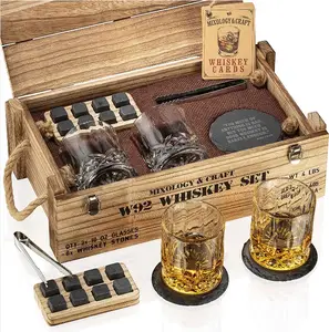 Деревянная коробка для виски, Гранитная охлаждающая каменная упаковка, деревянная коробка со стеклом