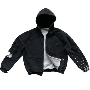 Ventes en gros de sweats à capuche unisexes surdimensionnés en molleton 100% coton, personnalisés avec des strass, effet délavé, fermeture éclair, couleur noire unie, poids lourd, streetwear - Product Image 1
