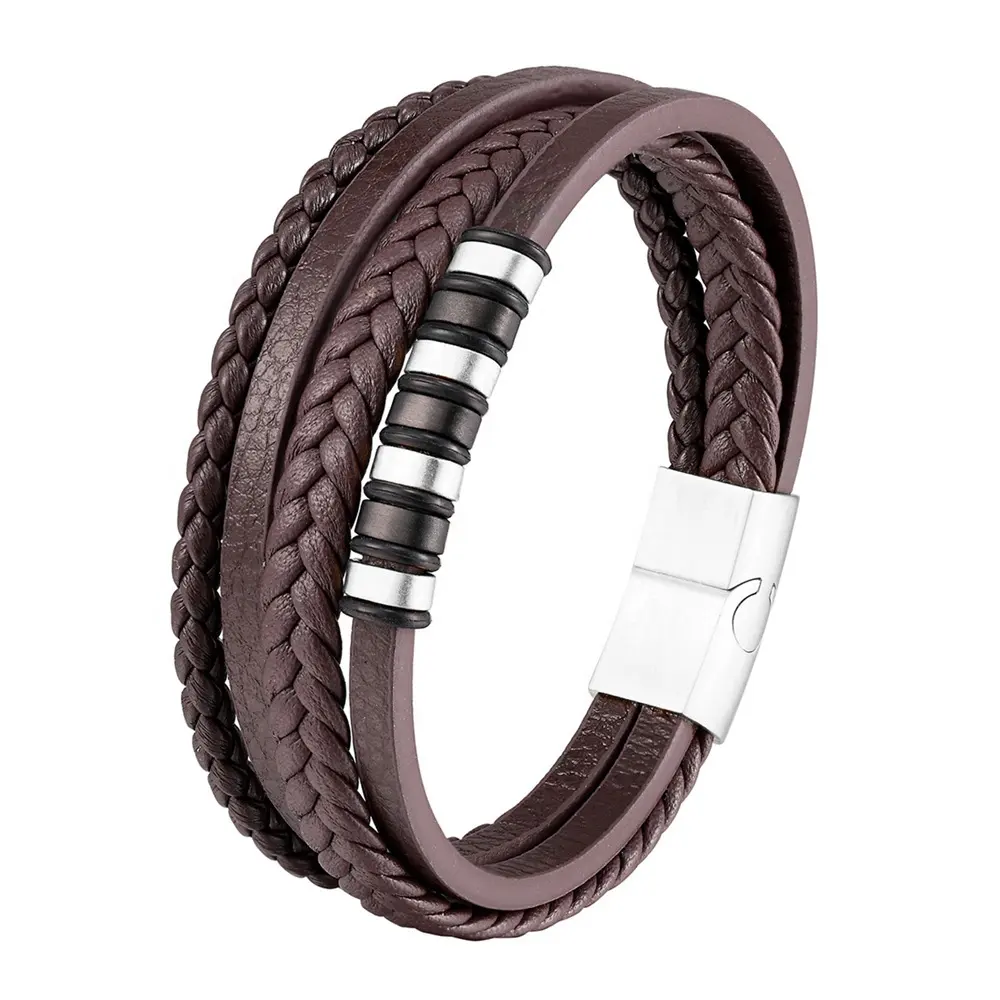 VEROMCA-pulsera tejida de cuero negro multicapa para hombre, brazalete de acero inoxidable a la moda