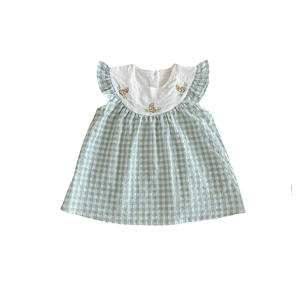 2025 nuevo bolso a cuadros de verano para niña Bebé Ropa de pedo súper lindo bordado conejo liebre manga voladora ligero 2 uds sólido - Product Image 5