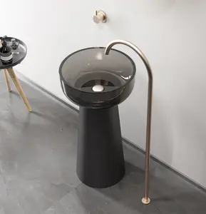 Lavatório de Resina Acrílica transparente de Design moderno independente, forma oval com pia de pedestal e escorredor para hotéis