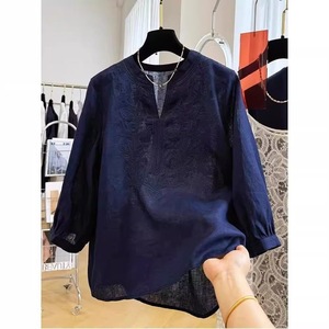 White Cotton Linen Embroidered 3/4 Sleeve Blouse Women Summer Casual Vintage Style Top - Product Image 2