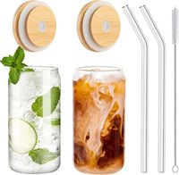 Vasos de Vidrio de Borosilicato con Tapas de Bambú y Pajitas, 16 oz, Resistentes al Calor, Libres de BPA, Aptos para Microondas, Estilo Americano, para Café, Bar, Bebidas Frías