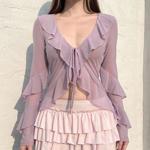 เสื้อผู้หญิงผ้าตาข่ายผูกโบว์แบบโปร่งใสคอวีแขนยาวน้ำหนักเบาเสื้อลำลองสวมใส่ในช่วงวันหยุดฤดูร้อน - Product Image 1