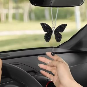 Pendentif papillon étincelant rétroviseur de voiture breloque élégant pendentif en faux cristal pour décor de voiture ornements de voiture accessoires - Product Image 1
