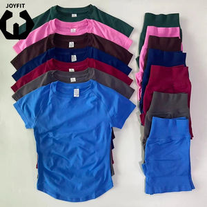 2-teiliges Damen-Outfit, Longline-Kurzarm-Crop-Top, High-Waist-Workout-Shorts, Sportanzug, Fitnesskleidung, Yoga-Set - Product Image 1