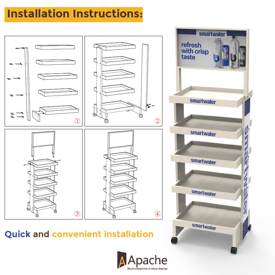 Apache Customized Foldable Modern Wooden Floor Stand Supermarket Rack Water Bottle Display Stand Quick Installation for Retail — view 3