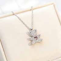 Collier Pendentif Ours en Argent, Or et Zircon avec Cœur Rose, Bijou Cadeau pour Fille, Bébé, Femme, Collier Breloque Ours