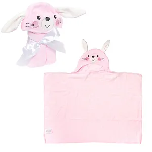Cute Pink Rabbit Baby Hooded Bamboo Bath Towel Custom Cartoon Bunny Design 100% Cotton Kids Baby Towel With Hood