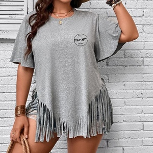 All'ingrosso all'ingrosso serigrafia moda Casual comodo girocollo mezza manica con nappina frangia T Shirt donna