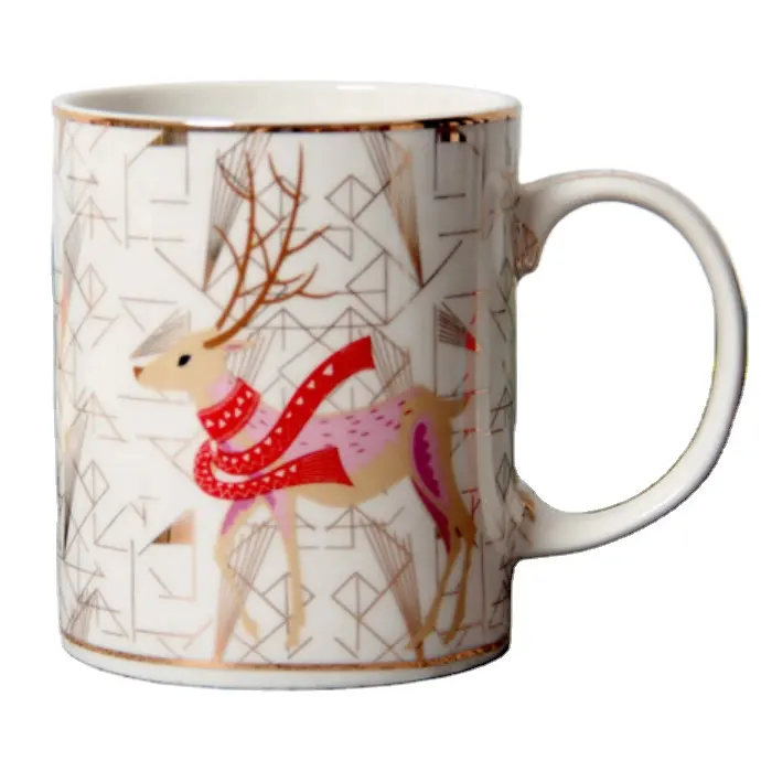 Tasse à café en porcelaine, vendu avec bordure en or, impression de cerf, Sublimation, pour cadeaux de noël, 15 onces, 1 pièce