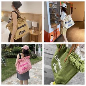 حقيبة يد كبيرة من القماش الكتاني بحروف مطرزة، حقيبة شاطئ، مناسبة للسفر والترفيه - Product Image 5