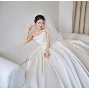 Strapless Satin Wedding Dress Natural Waistline Vintage Bridal Gown For Petite Brides - Product Image 4