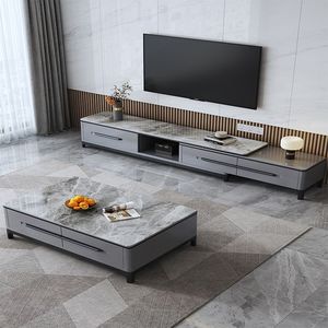 Ensemble meuble TV et table basse en pierre frittée de luxe léger pour petits salons, en bois massif moderne extensible - Product Image 4