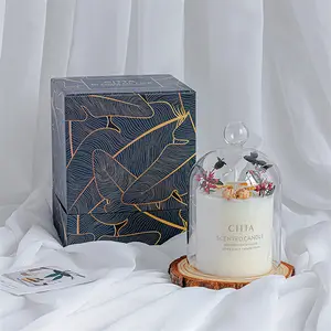 Venta al por mayor de velas aromáticas de cera de soja de lujo, etiqueta privada personalizada, vela de flores de boda, juego de regalo con tapa de vidrio transparente