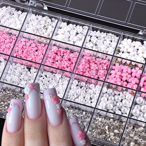 Decorazioni per Unghie 3D a 24 Scomparti, Perle Colorate, Strass, Fiori <span class=keywords><strong>Rosa</strong></span>, Camelia, Fiocchi Misti per Nail Art - Product Image 5
