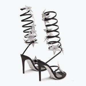 Sandales à talons hauts pour femme, style habillé, à lanières croisées longues à la cheville, ornées d'étoiles brillantes, sexy, grande taille 46, coupe large, talon aiguille - Product Image 4