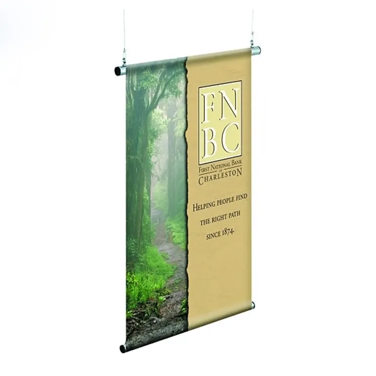 Banner de desplazamiento para colgar en la pared, personalizado de fábrica, con varillas de plástico colgantes, poste de desplazamiento, poste de tela, banner colgante por sublimación