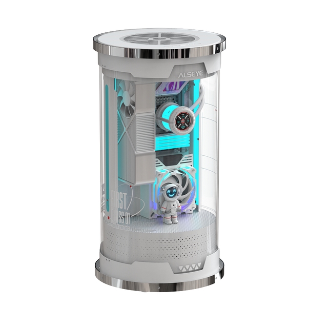 ALSEYE Cylindrical Design 360-Degree Panorama MICRO ATX/ITX PC Case White Color FC01-Pro-W Support 360 Liquid Cooler