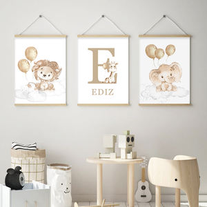 Maison enfants décoration nom de bébé personnalisé Lion éléphant Beige pépinière impression photo toile peinture mur affiche art rouleau - Product Image 1