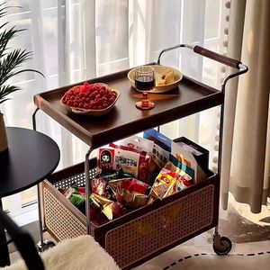 Solid Wood Movable Side Table With Wheels Stainless Steel Storage Vintage Trolley Living Room Storage Rattan <b>Shelf</b> Simple - Product Image 2