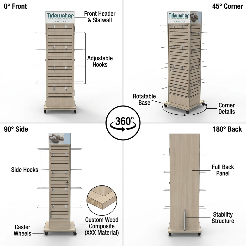 Custom Movable Light Wood Slatwall Sandal Display Rack with Casters Floor Standing Retail Footwear Display Stand for Shop — view 3