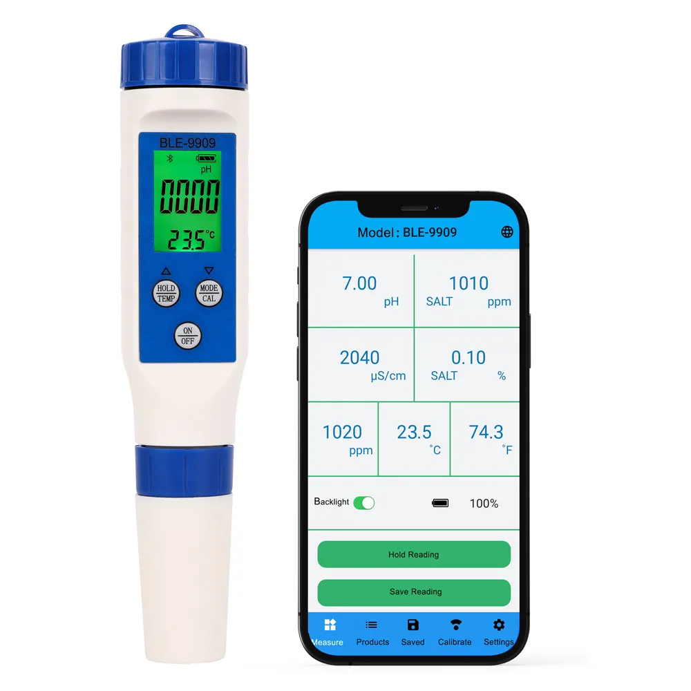 PH Meter Gigi Biru Pintar, Kalibrasi 5 Titik 5 In 1 PH/EC/TDS/Salinitas/TEMP Bluetooth Sensor Ph Didukung Oleh Aplikasi Ponsel YINMIK