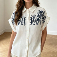 Chemisier décontracté en coton pur tissé brodé floral français pour femme, nouvelle collection été 2026, manches raglan lavables, vente en gros