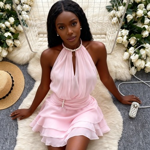 Women's Halter Neck Beaded <b>Spaghetti</b> <b>Strap</b> Waist-cinched Ruffled Chiffon Dresses Fashion - Product Image 2