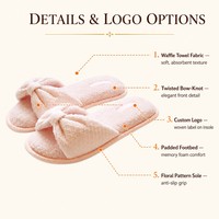 Chaussons d'intérieur plats antidérapants pour femmes, en tricot gaufré, à bout ouvert, avec doublure en tissu éponge doux et nœud décoratif