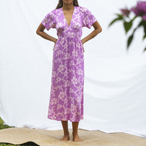 Vestido de verano para mujer, personalizado, de lujo, con estampado hawaiano, cuello en V profundo, con abertura, de alta calidad, en rayón voile, informal. - Product Image 2