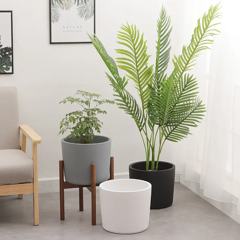 Vaso de plantas de cerâmica, grande sala de estar com base de bambu para desktop