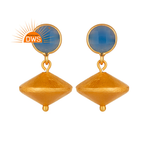 Matte Blue Chalcedony Gemstone Earrings Indian Gold Plated Jewelry 925 Silver Designer Dangle Earrings Supplier - Product Image 1