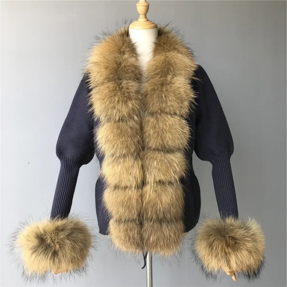 Custom Logo Short Style Removable Fur Collar Luxury Puffy Sleeves Belt Spring Autumn Women Real Fox Fur Cardigan Knit Sweater